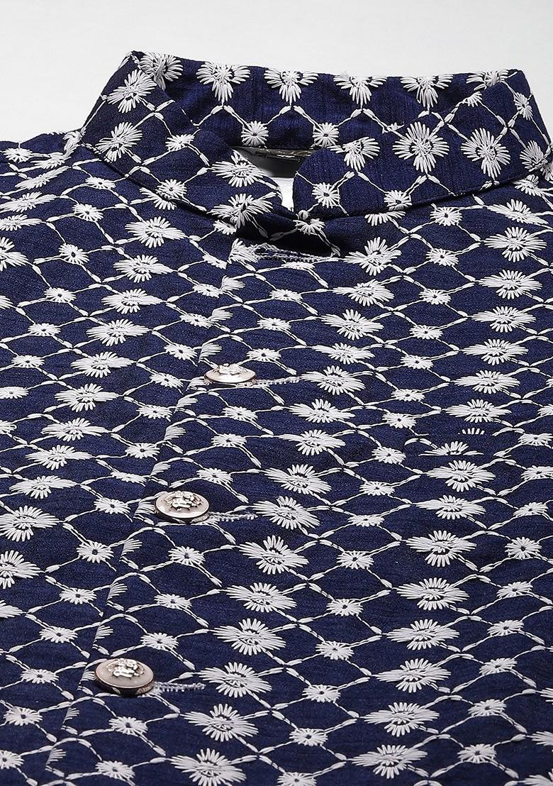 Gold Thread Work Poly Blend Kurta Set For Men