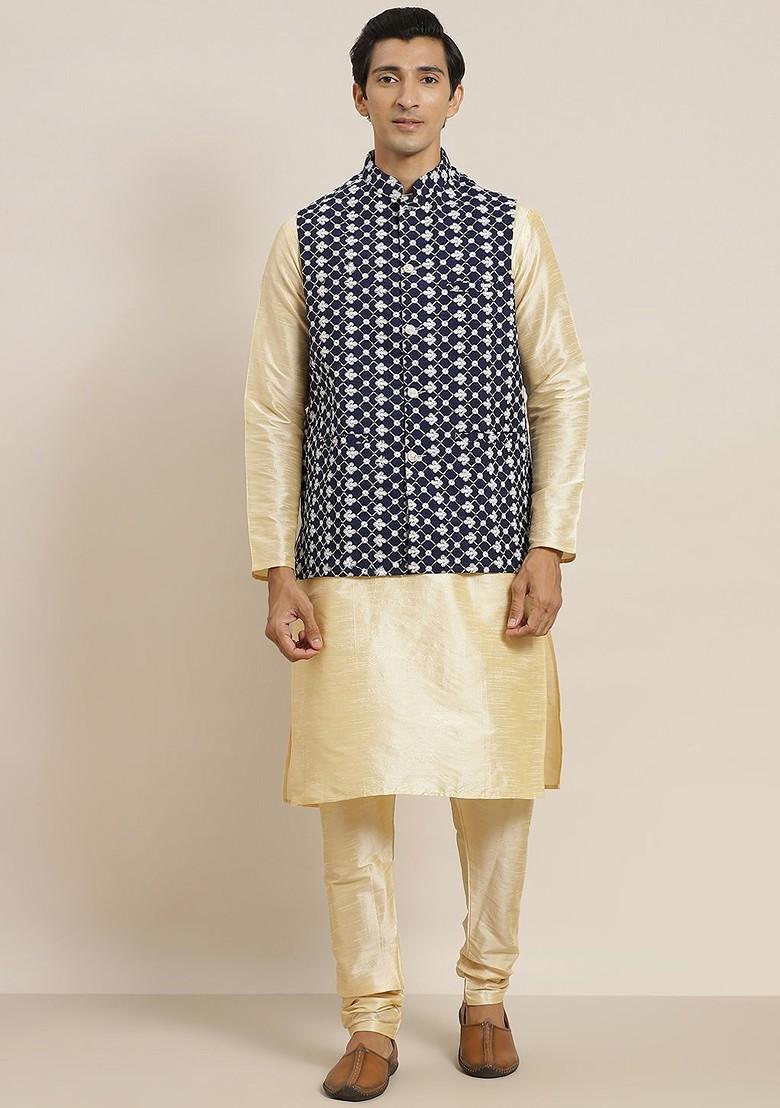 Gold Thread Work Poly Blend Kurta Set For Men