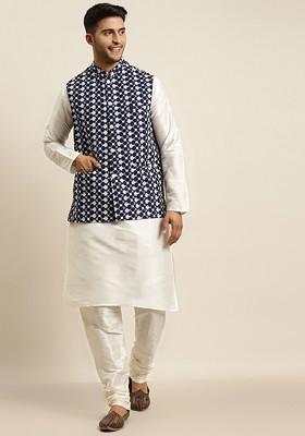 Off White Chikankari Poly Blend Kurta Set For Men