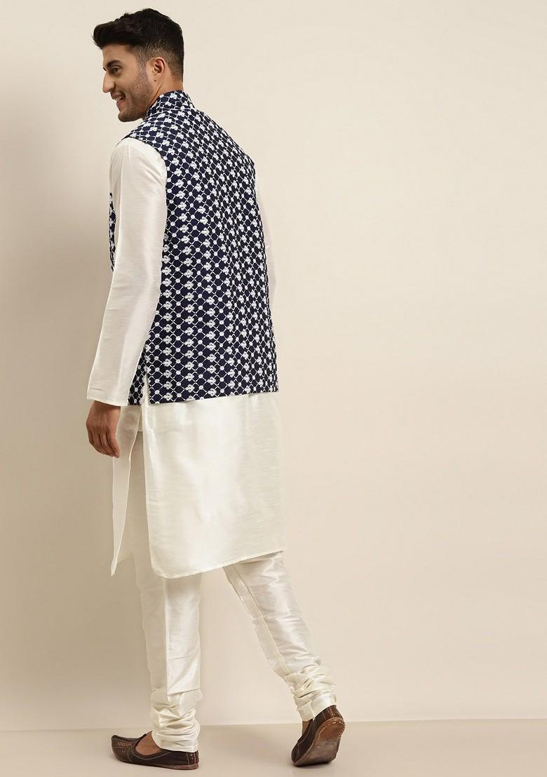 Off White Chikankari Poly Blend Kurta Set For Men
