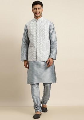 Grey Thread Work Poly Blend Kurta Set For Men