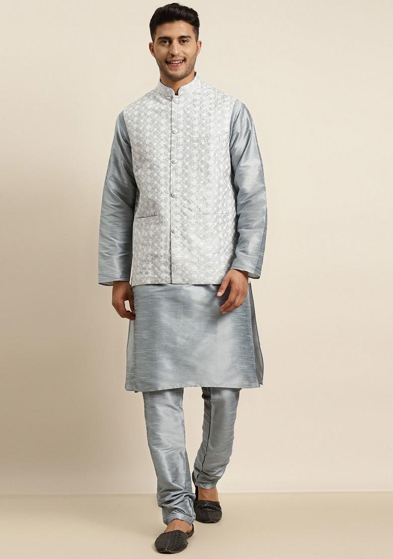 Grey Thread Work Poly Blend Kurta Set For Men