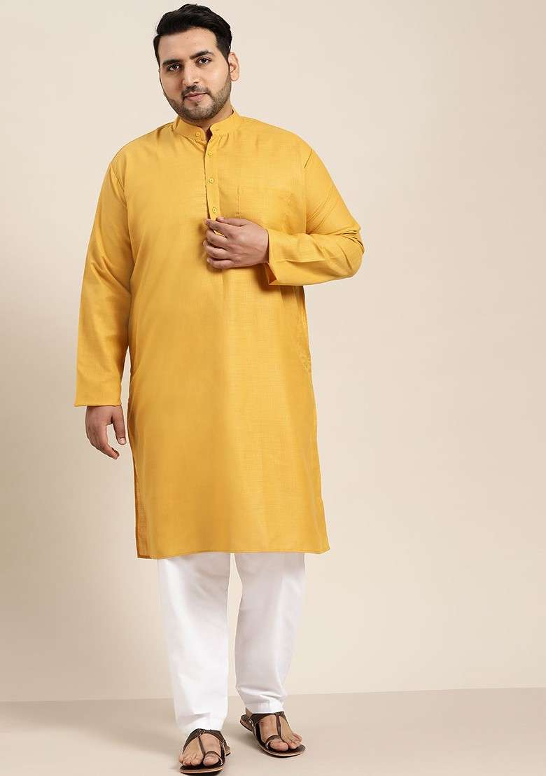 Mustard Solid Cotton Kurta Set For Men - Indya