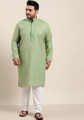 Green Checked Cotton Kurta Set For Men