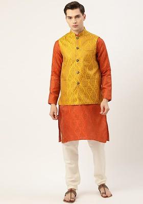 Orange Solid Poly Blend Kurta Set For Men