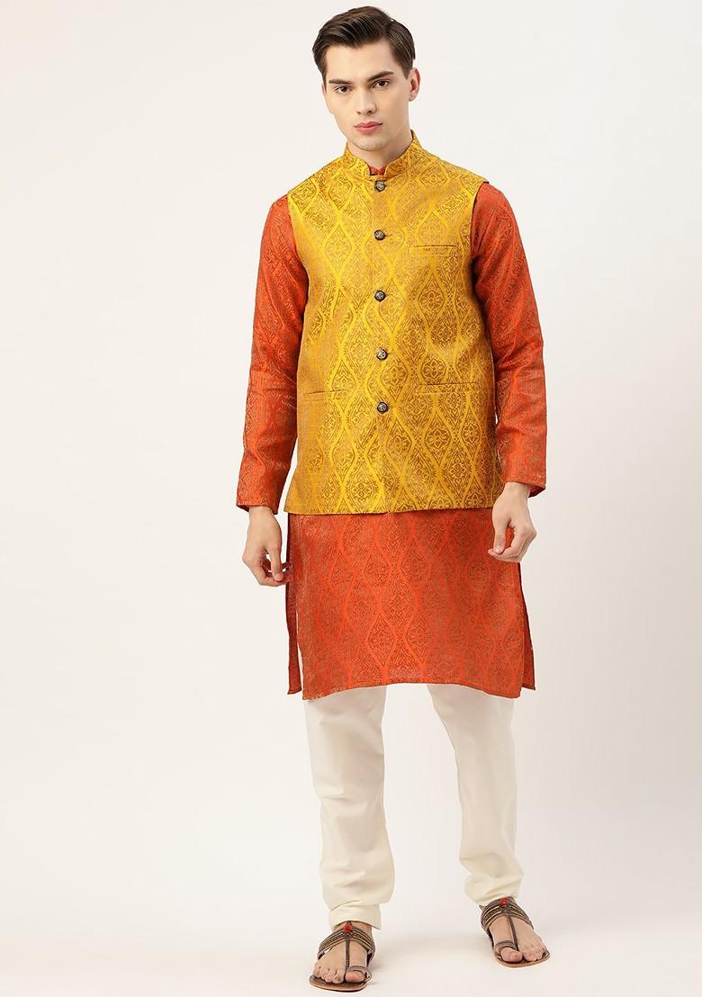 Orange Solid Poly Blend Kurta Set For Men