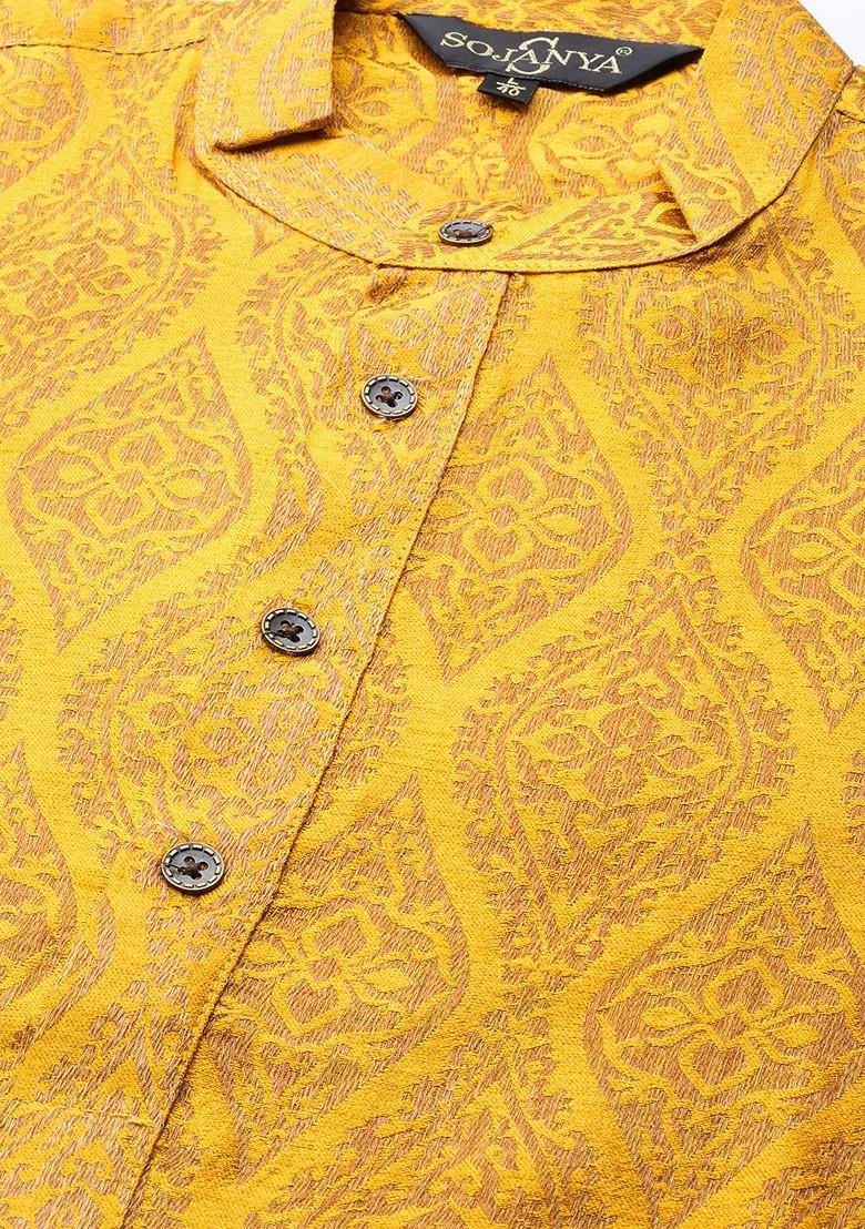 Mustard Ethnic Motifs Poly Blend Kurta Set For Men