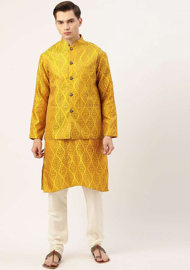 Mustard Ethnic Motifs Poly Blend Kurta Set For Men - Indya