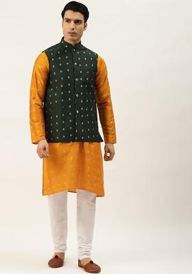 Orange Ethnic Motifs Poly Blend Kurta Set For Men