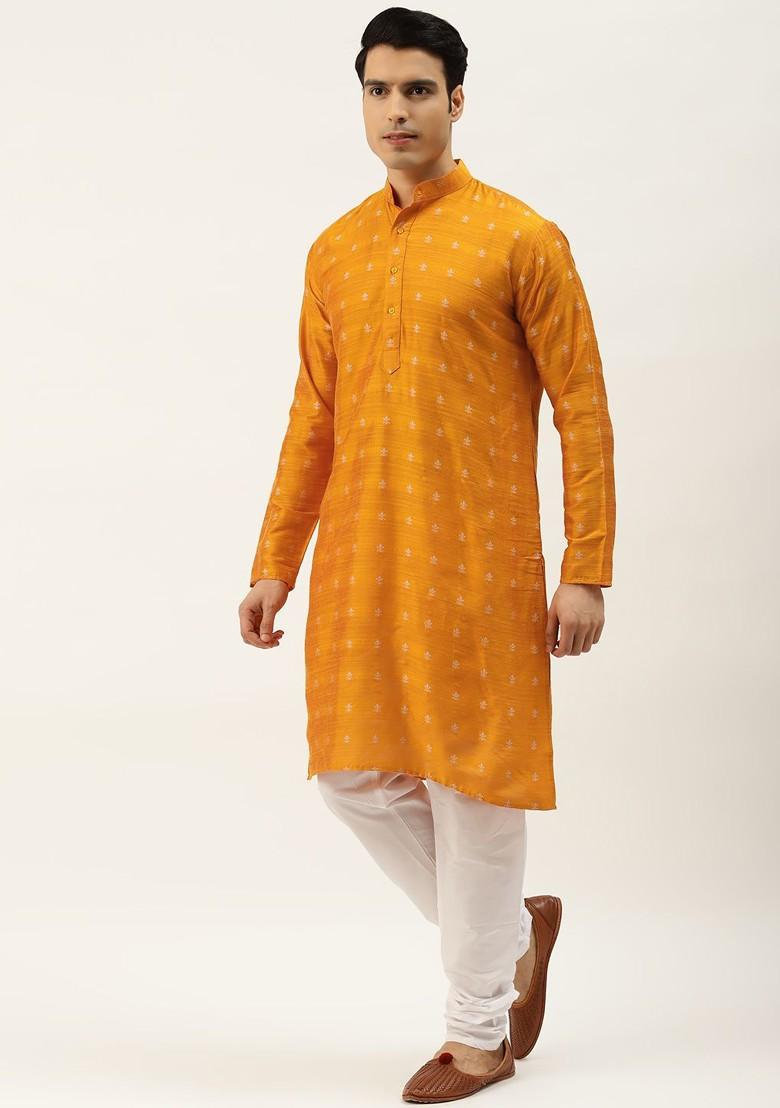 Orange Ethnic Motifs Poly Blend Kurta Set For Men