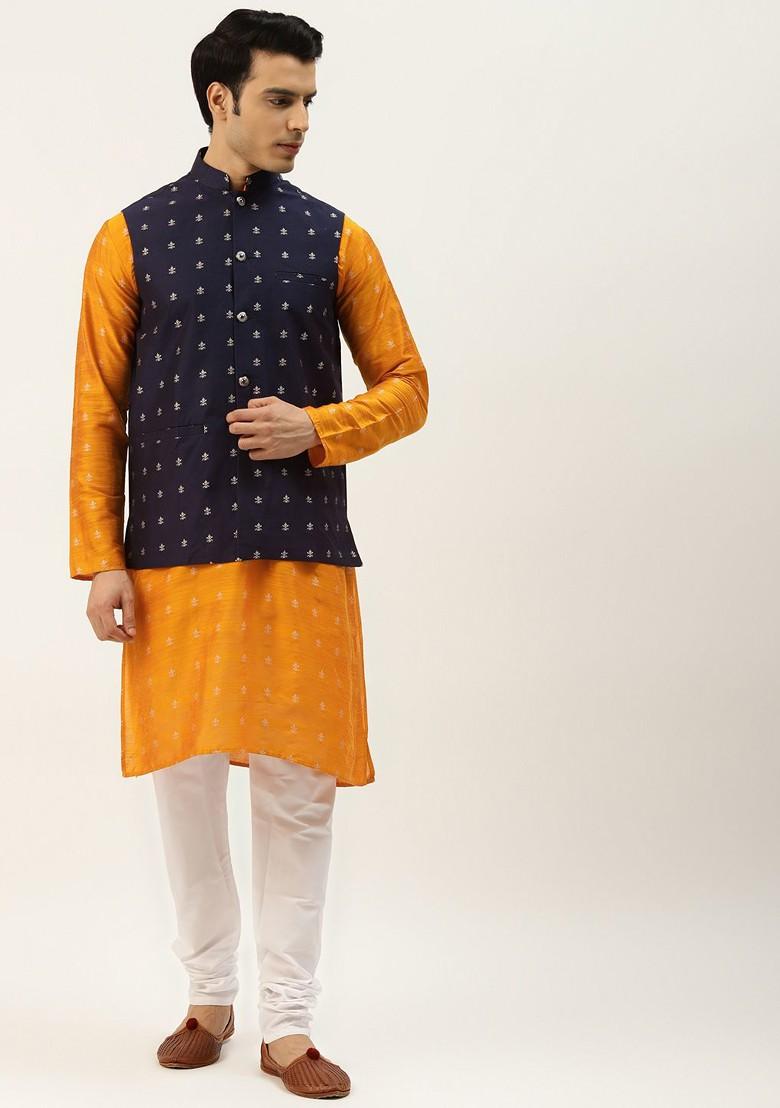 Orange Ethnic Motifs Poly Blend Kurta Set For Men