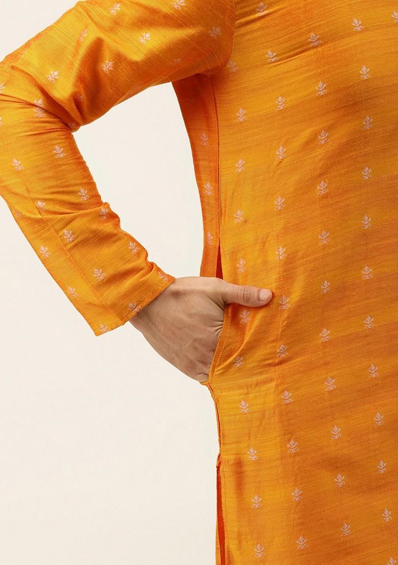 Orange Ethnic Motifs Poly Blend Kurta Set For Men
