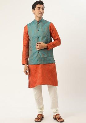 Orange Ethnic Motifs Poly Blend Kurta Set For Men