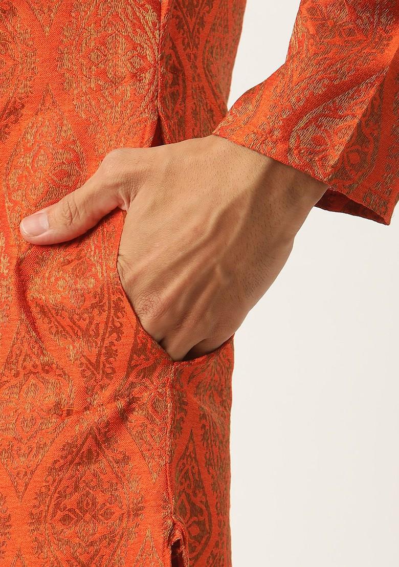 Orange Ethnic Motifs Poly Blend Kurta Set For Men