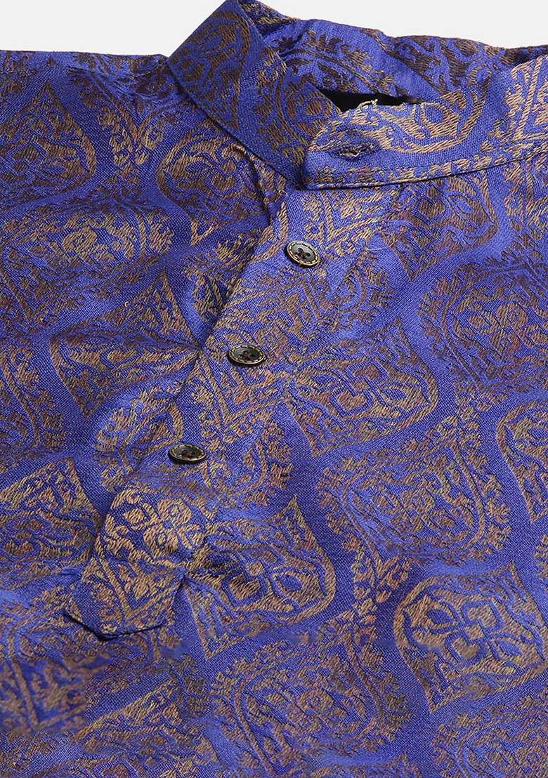 Blue Ethnic Motifs Silk Blend Kurta Set For Men - Indya
