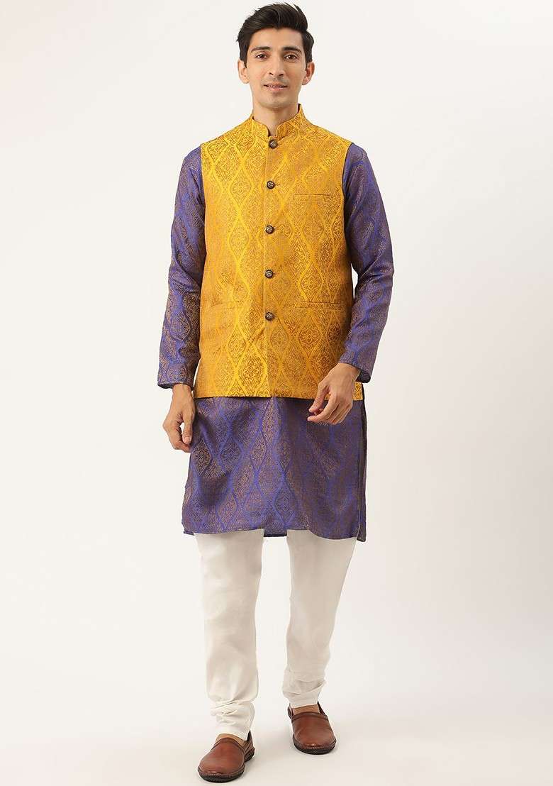 Blue Ethnic Motifs Silk Blend Kurta Set For Men - Indya