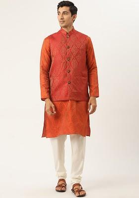 Orange Ethnic Motifs Poly Blend Kurta Set For Men