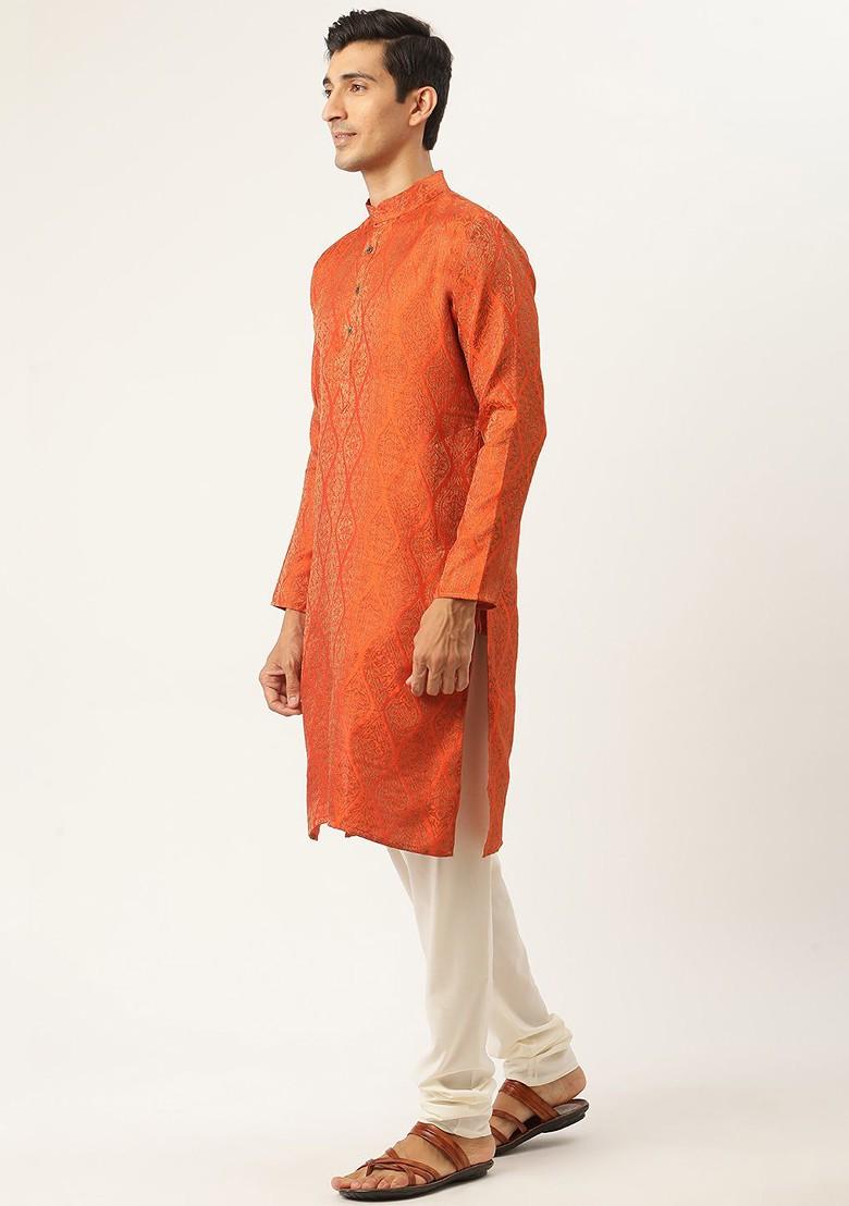 Orange Ethnic Motifs Poly Blend Kurta Set For Men