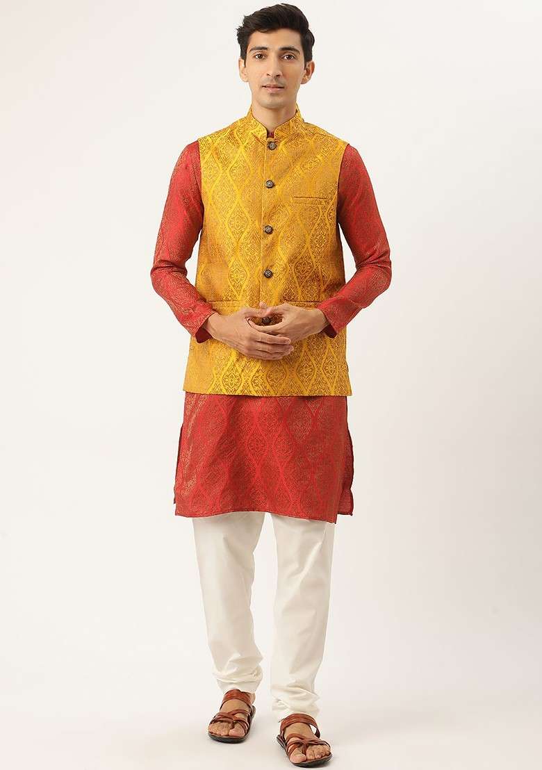 Red Ethnic Motifs Silk Blend Kurta Set For Men - Indya
