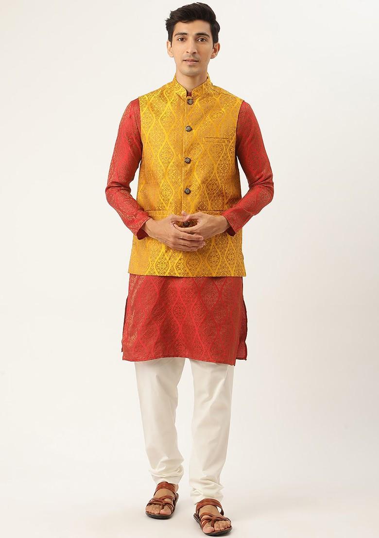 Red Ethnic Motifs Silk Kurta Set For Men
