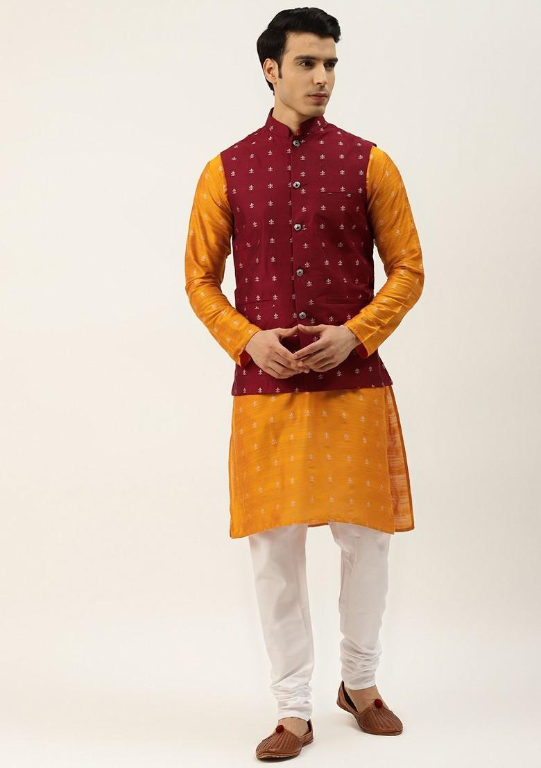 Orange Ethnic Motifs Poly Blend Kurta Set For Men