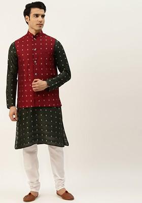 Olive Ethnic Motifs Poly Blend Kurta Set For Men