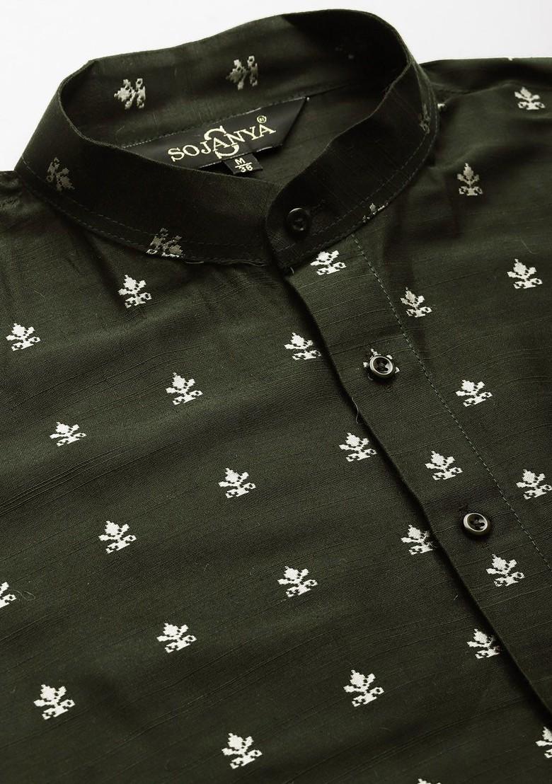 Olive Ethnic Motifs Poly Blend Kurta Set For Men
