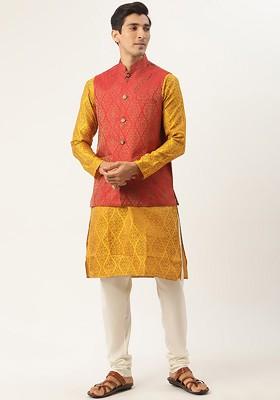 Mustard Ethnic Motifs Poly Blend Kurta Set For Men
