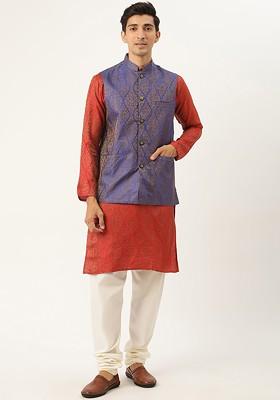 Red Ethnic Motifs Silk Kurta Set For Men