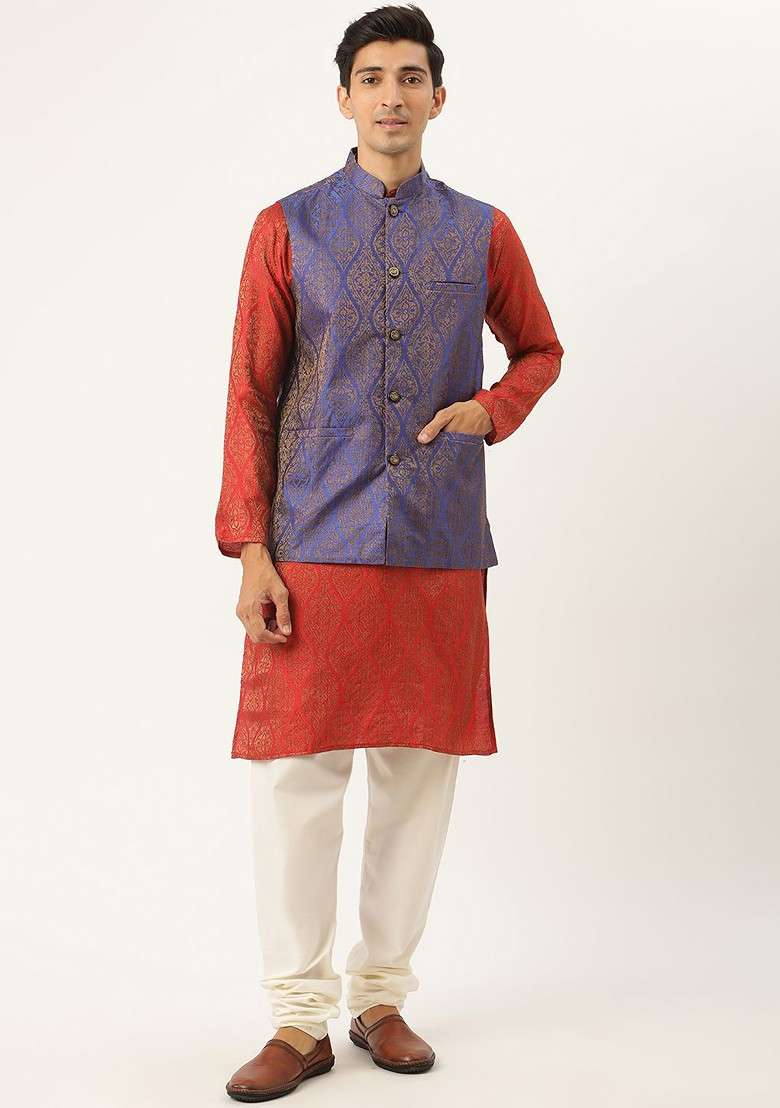 Red Ethnic Motifs Silk Blend Kurta Set For Men - Indya