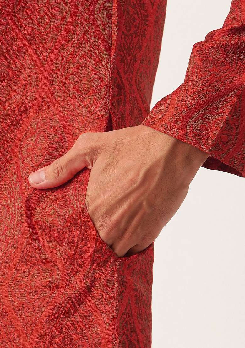 Red Ethnic Motifs Silk Blend Kurta Set For Men - Indya