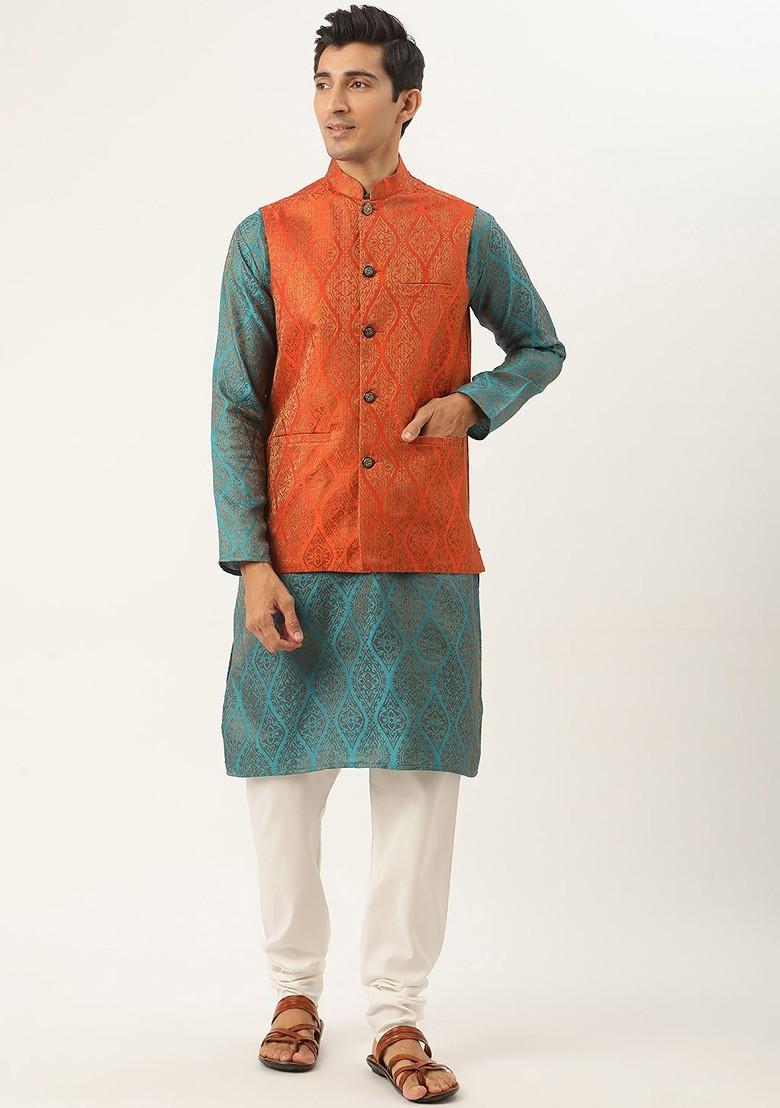 Teal Blue Ethnic Motifs Poly Blend Kurta Set For Men