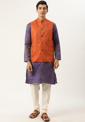 Purple Ethnic Motifs Poly Blend Kurta Set For Men