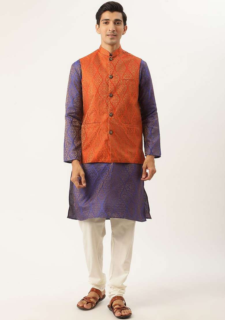 Purple Ethnic Motifs Poly Blend Kurta Set For Men - Indya