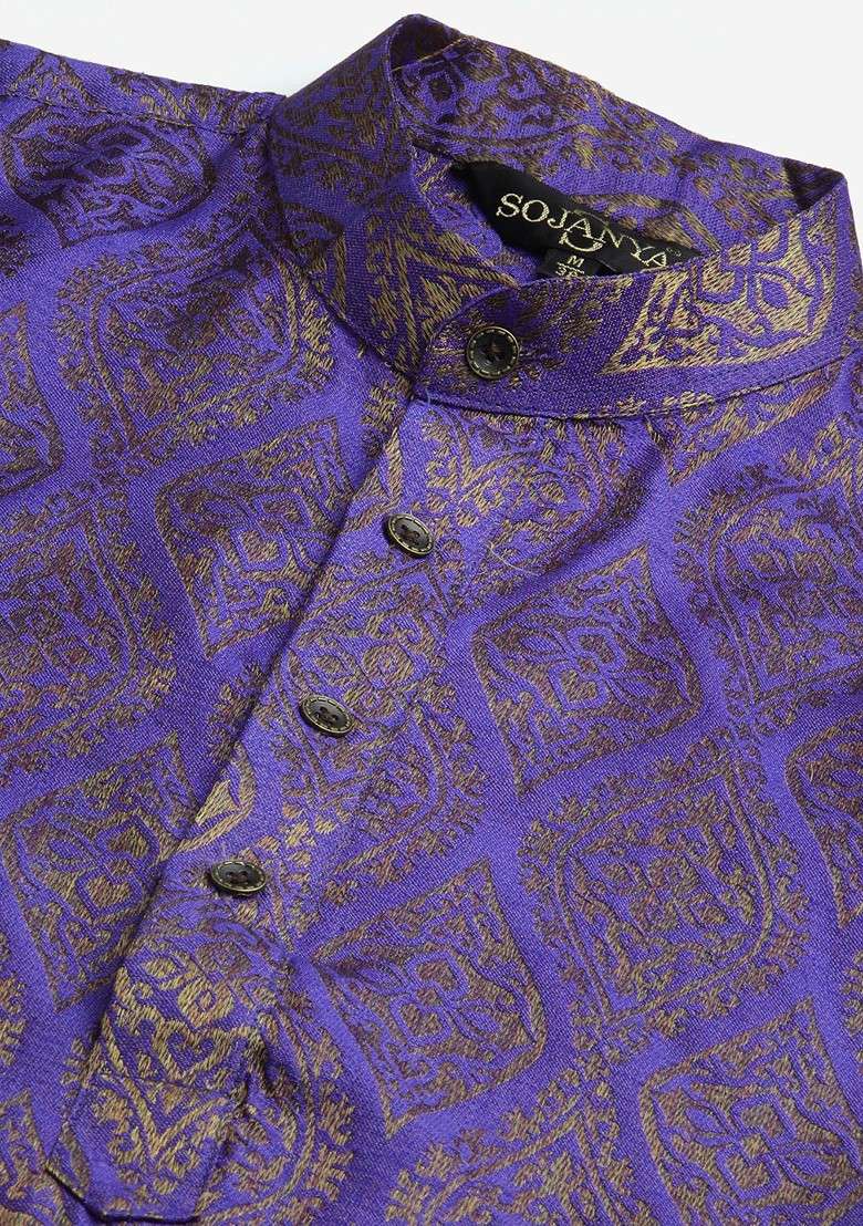 Purple Ethnic Motifs Poly Blend Kurta Set For Men - Indya