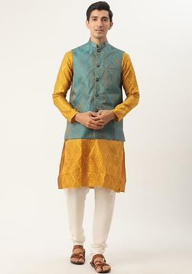 Mustard Ethnic Motifs Poly Blend Kurta Set For Men
