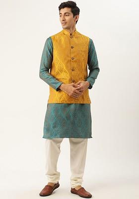 Teal Blue Ethnic Motifs Poly Blend Kurta Set For Men