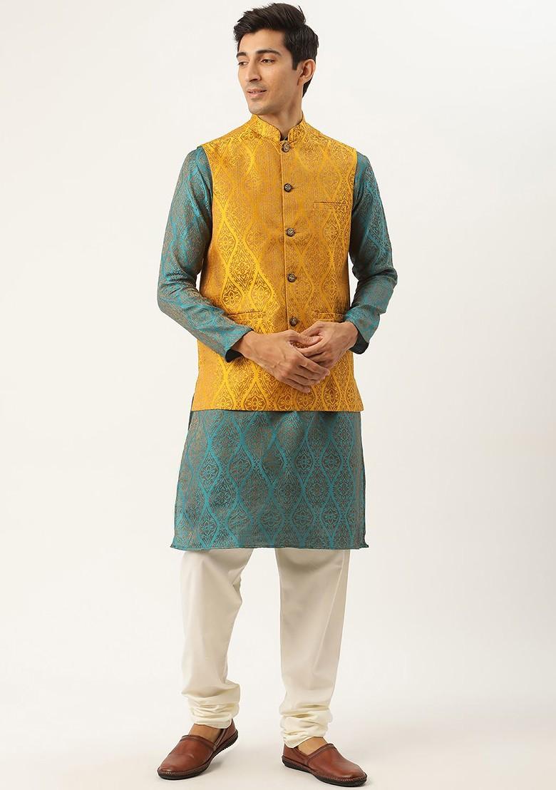 Teal Blue Ethnic Motifs Poly Blend Kurta Set For Men