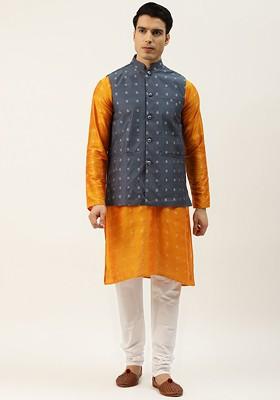 Orange Ethnic Motifs Poly Blend Kurta Set For Men