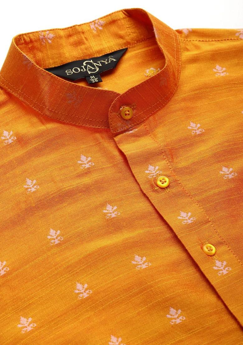 Orange Ethnic Motifs Poly Blend Kurta Set For Men