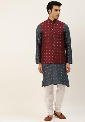 Navy Blue Ethnic Motifs Poly Blend Kurta Set For Men