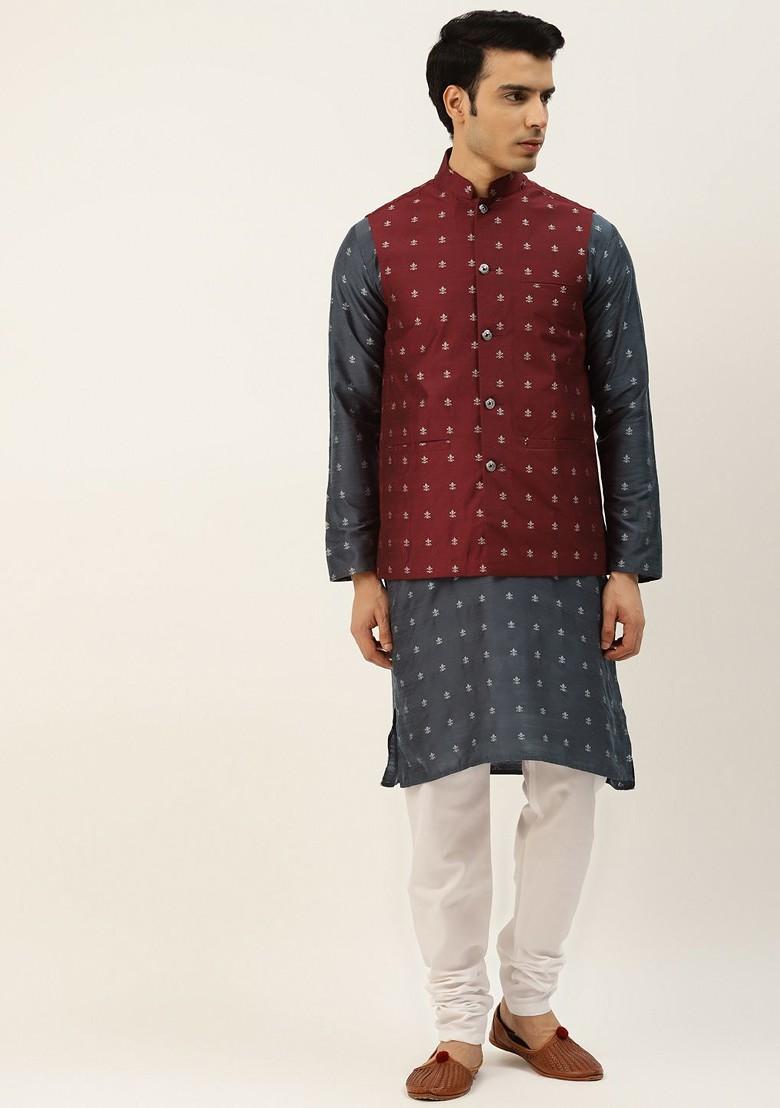 Navy Blue Ethnic Motifs Poly Blend Kurta Set For Men