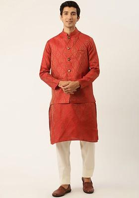 Red Ethnic Motifs Poly Blend Kurta Set For Men