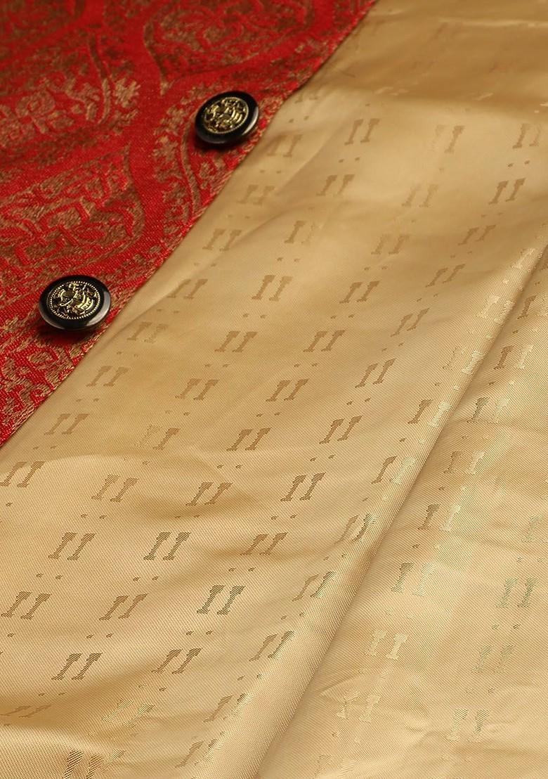 Red Ethnic Motifs Poly Blend Kurta Set For Men