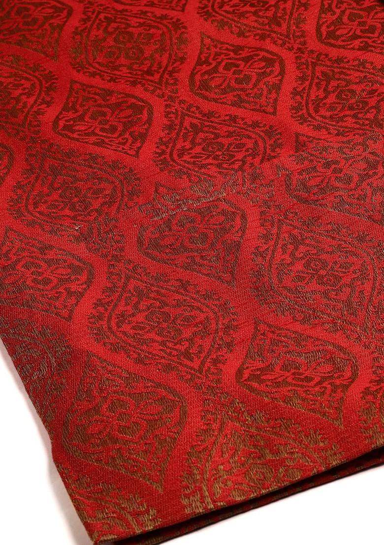 Red Ethnic Motifs Poly Blend Kurta Set For Men