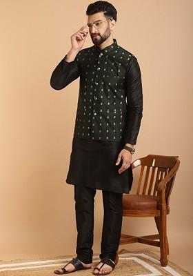 Green Ethnic Motifs Jacquard Kurta Set For Men