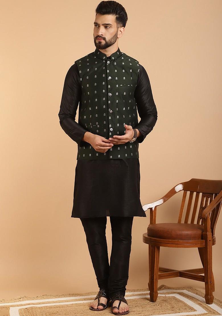 Green Ethnic Motifs Jacquard Kurta Set For Men