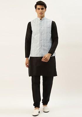 Black Thread Work Poly Blend Kurta Set For Men