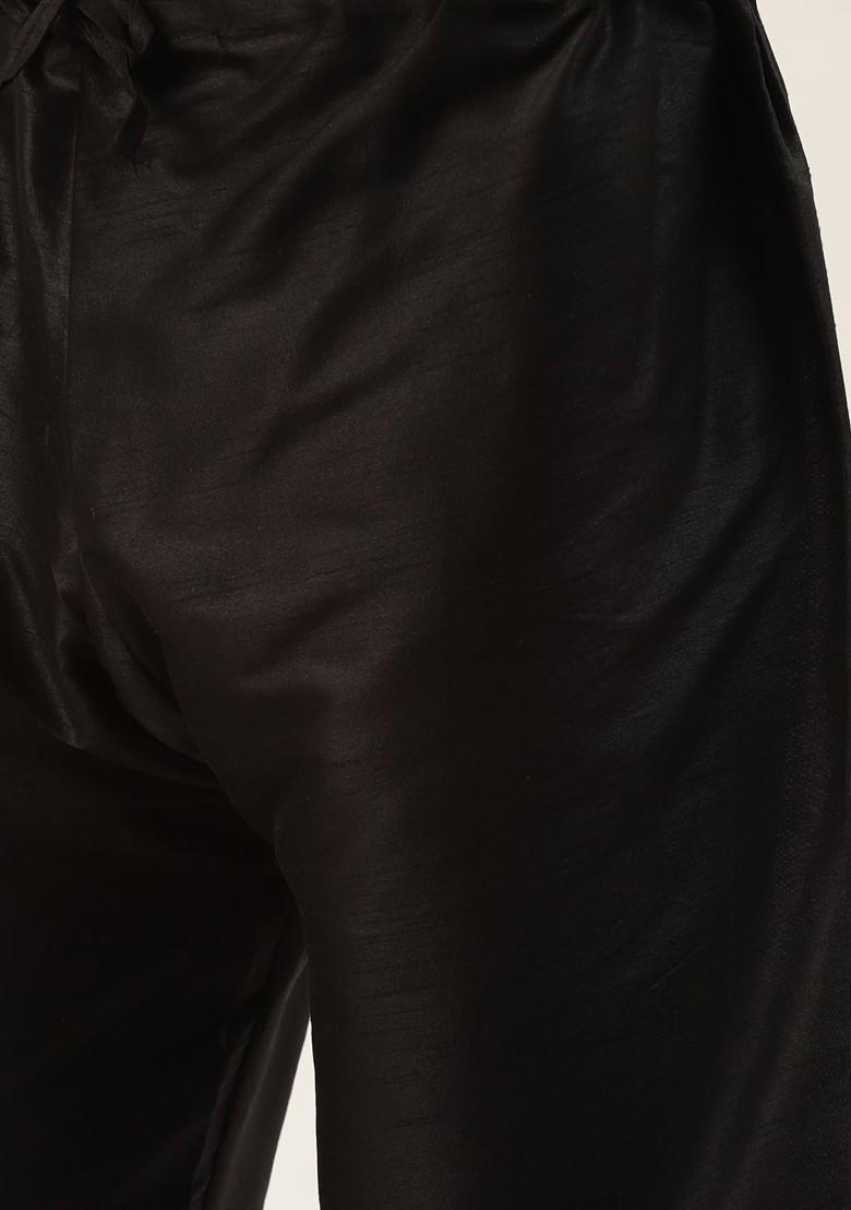 Black Thread Work Poly Blend Kurta Set For Men