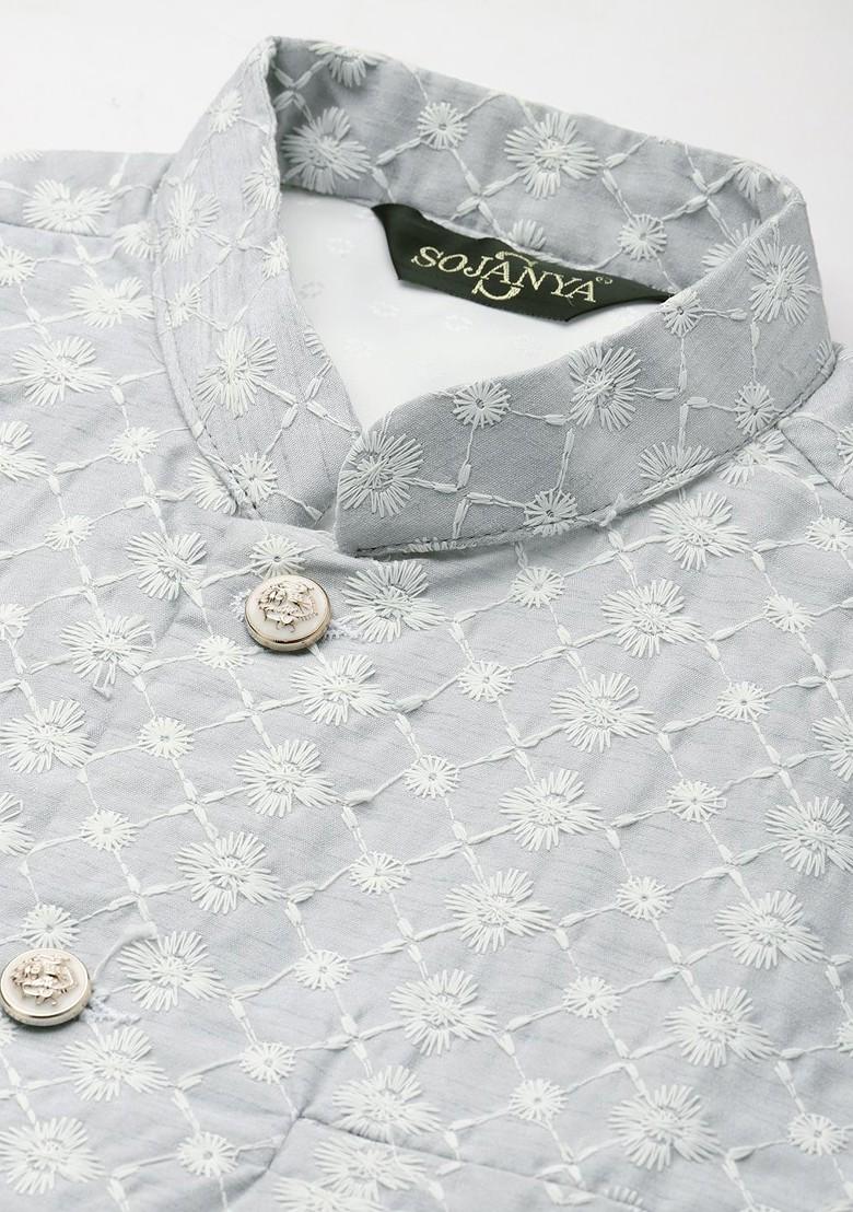 Black Thread Work Poly Blend Kurta Set For Men